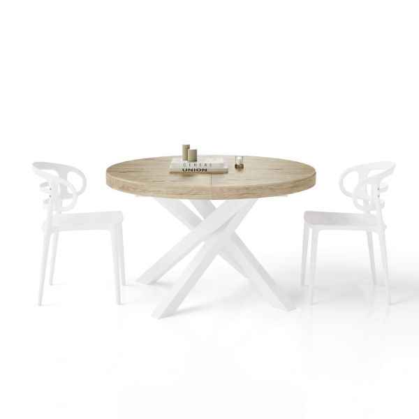 Runder ausziehbarer Tisch Emma, 120-160 cm, Eiche mit gekreuzten Weißen Beinen Detailbild 1