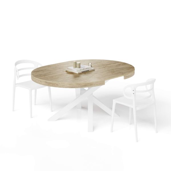 Emma Round Extendable Table, 120-160 cm, Oak with White crossed legs detail image 2