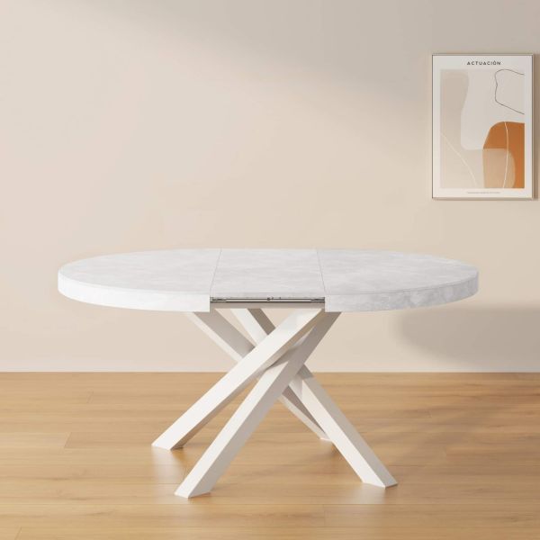 Table ronde extensible Emma, 120-160 cm, Blanc Béton avec pieds blancs croisés image de l'ensemble 1