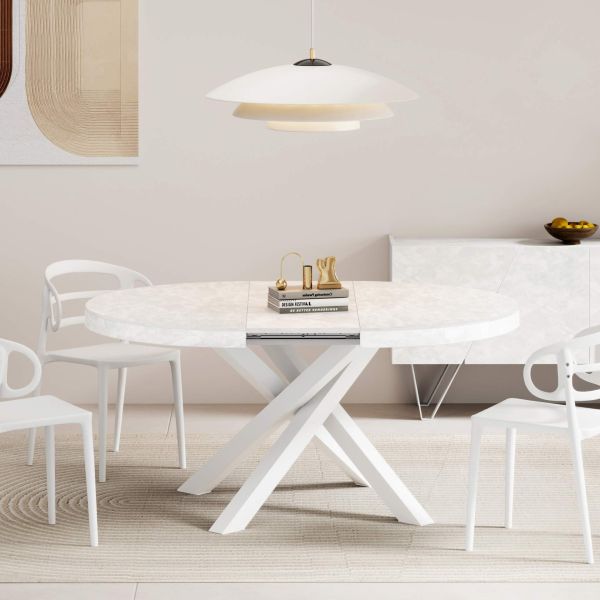Emma Round Extendable Table, 120-160 cm, Concrete Effect, White with White crossed legs set image 4