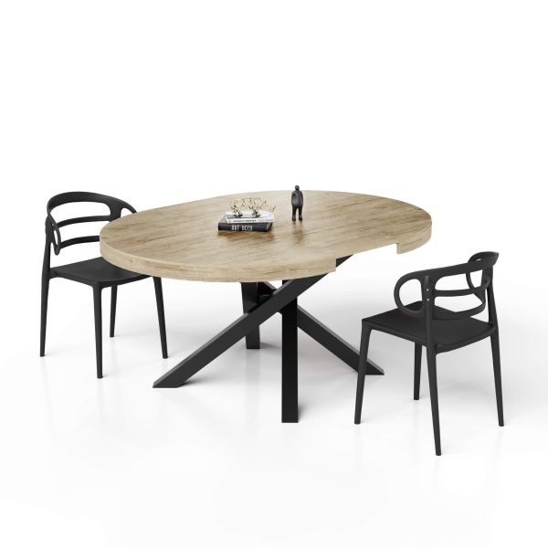 Emma Round Extendable Table, 120-160 cm, Oak with Black crossed legs detail image 1