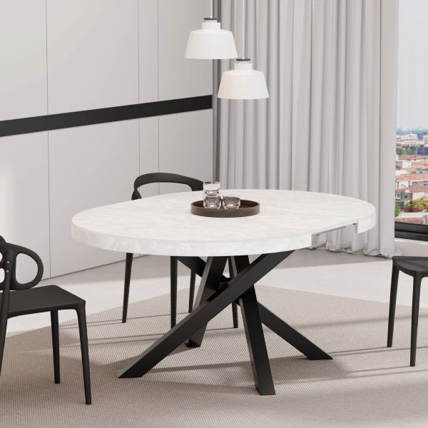 Emma Round Extendable Table, 120-160 cm, Concrete Effect, White with Black crossed legs set image 3