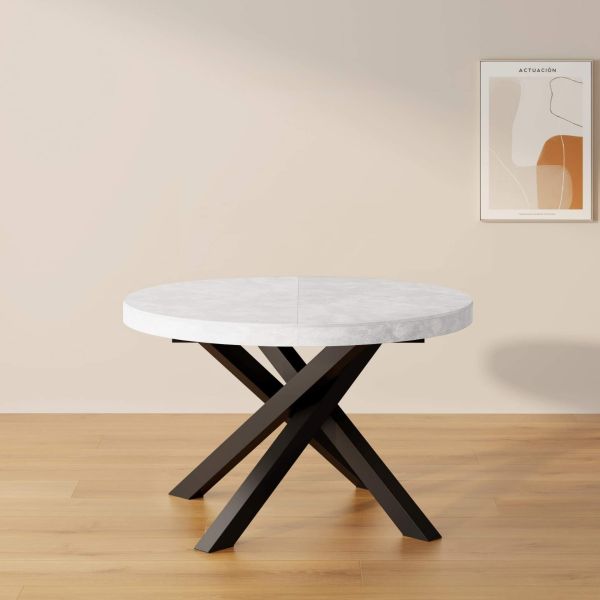 Emma Round Extendable Table, 120-160 cm, Concrete Effect, White with Black crossed legs set image 1