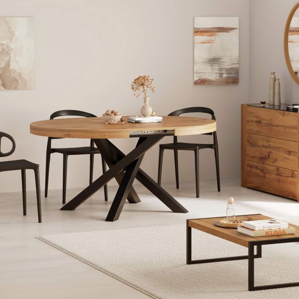 Runder ausziehbarer Tisch Emma, 120-160 cm, Rustikale Eiche mit gekreuzten Schwarzen Beinen Umgebungsbild 6