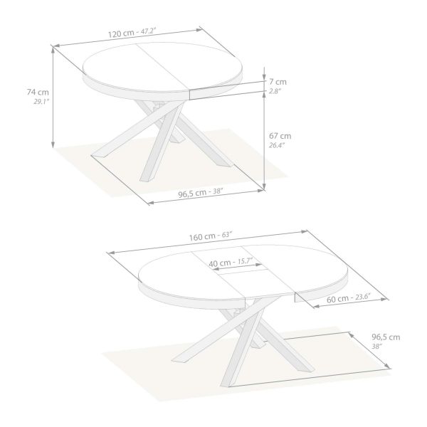 Emma Round Extendable Table, 120-160 cm, Concrete Effect, Grey with White crossed legs technical image 1