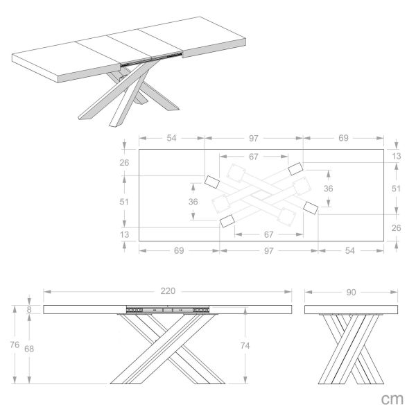 Emma 140(220)x90 cm Extendable Table, Concrete Effect, Grey with White Crossed Legs technical image 3