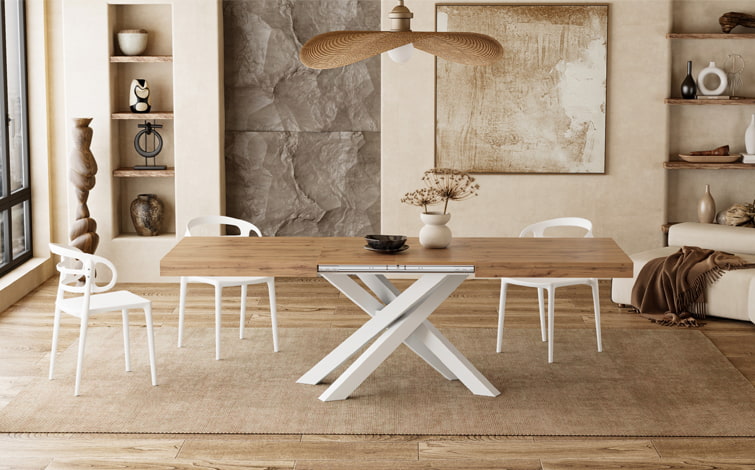 Mobili Fiver, Emma 140 Extendable Dining Table, concrete White with Black  crossed Legs, Laminate-FinishedIron, Made in Italy