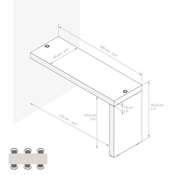 Evolution Peninsula with Wireless Charger 70.9 x 23.6 in, Concrete Effect, Grey technical image 1