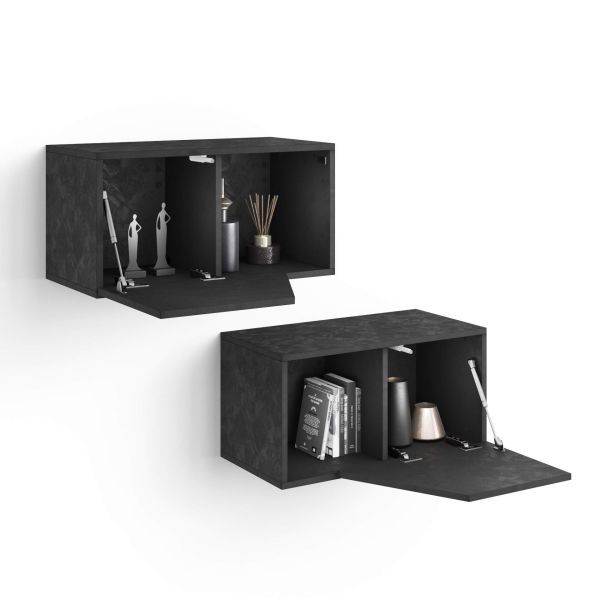 Set of 2 Emma Wall Units 27.55 in, with flap door, Concrete Effect, Black detail image 1