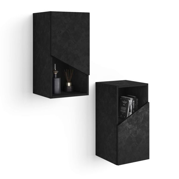 Set of 2 Emma Wall Units 27.55 in, with flap door, Concrete Effect, Black detail image 3