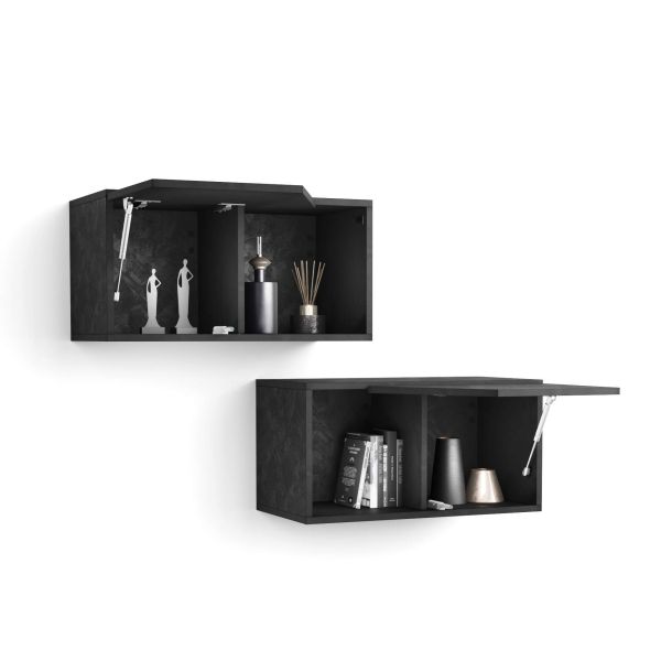 Set of 2 Emma Wall Units 27.55 in, with Lift Up Door, Concrete Effect, Black detail image 1