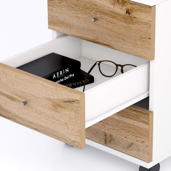 Clara Drawer unit on castors, Matt White with Rustic Oak drawers detail image 1