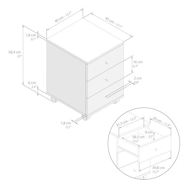 Clara Drawer unit on castors, Matt White technical image 1