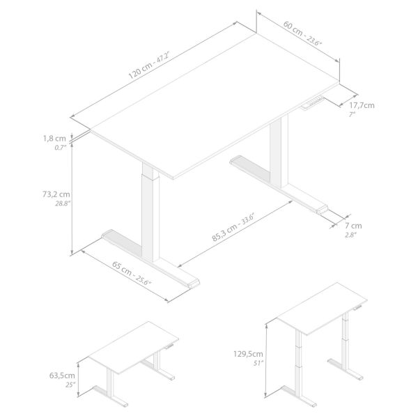 Clara Electric Standing Desk 47.2 x 23.6 in Concrete Effect, Grey with Black Legs technical image 1