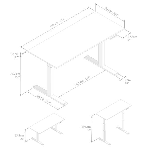 Clara Electric Standing Desk 55.1 x 23.6 in Concrete Effect, Black with Black Legs technical image 1