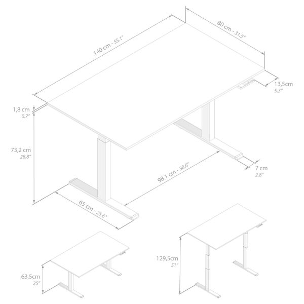 Clara Electric Standing Desk 55.1 x 31.4 in Concrete Effect, Grey with White Legs technical image 1