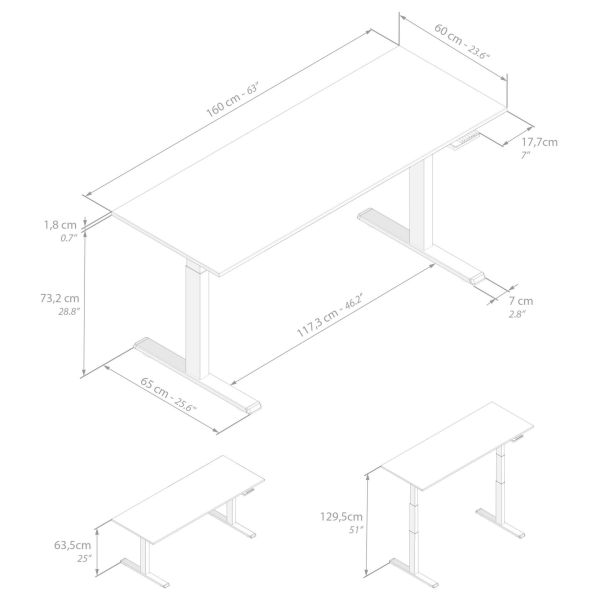 Clara Electric Standing Desk 62.9 x 23.6 in Concrete Effect, Black with Black Legs technical image 1