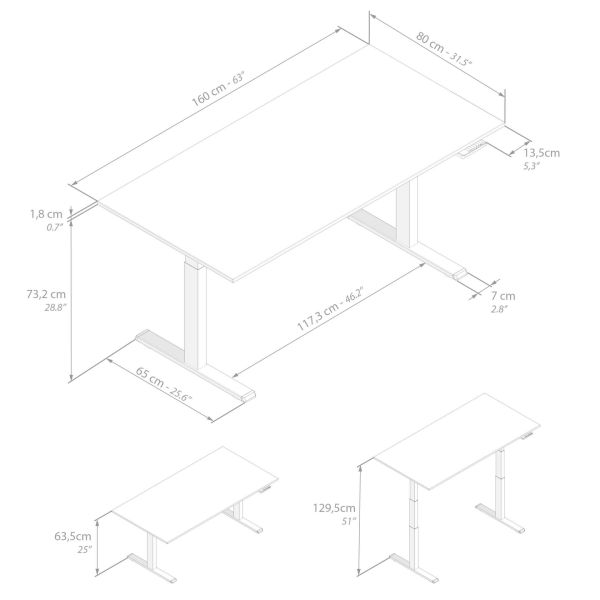 Clara Electric Standing Desk 62.9 x 31.4 in Concrete Effect, White with White Legs technical image 1