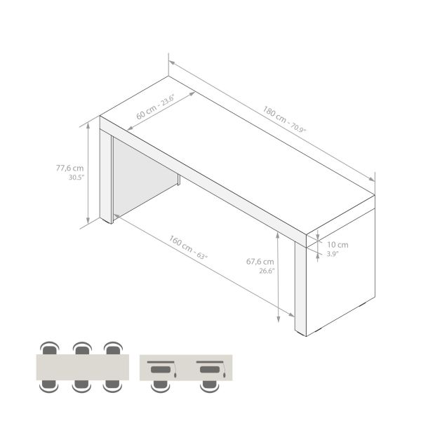 Evolution Desk 70,9 x 23,6 in, Ashwood White with Two Legs technical image 1