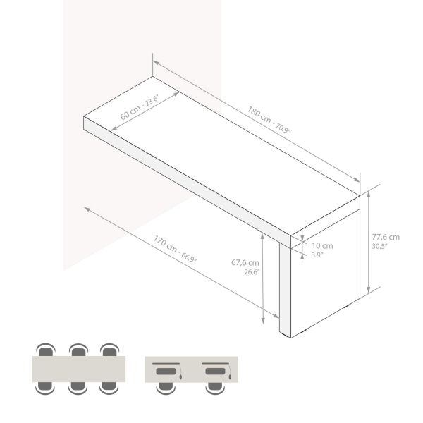 Evolution Desk 70,9 x 23,6 in, Concrete Effect, Grey with One Leg technical image 1