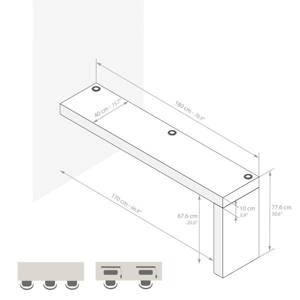 Evolution Desk 70.9 x 15.7 in, Dark Walnut with One Leg and Wireless Charger technical image 1