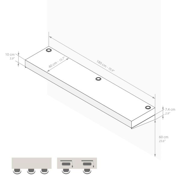 Evolution wall mounted desk 70.8x15.7 in, with Wireless Charger, Rustic Oak technical image 1