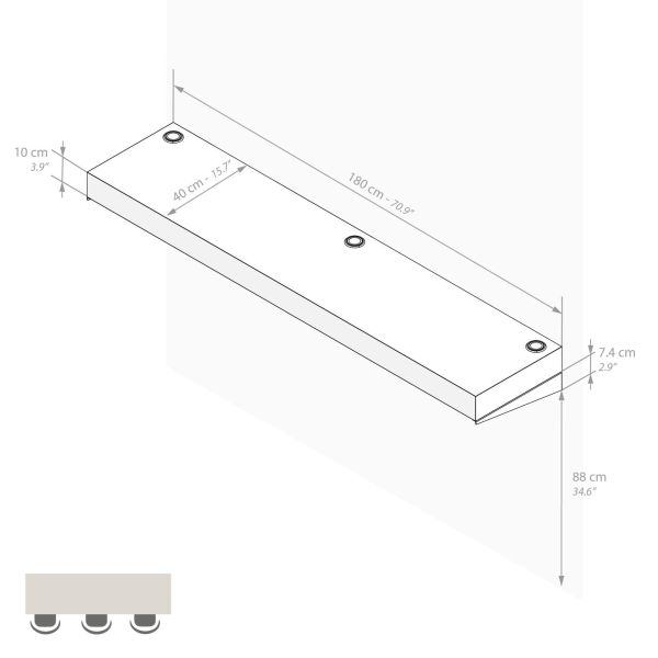 Evolution Extra Large Bar Shelf 70.8x15.7 in, with Wireless Charger, Ashwood White technical image 1