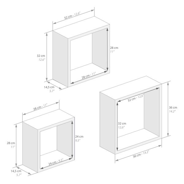 Set of 3 square wall cubes, Giuditta, Concrete Effect, Grey technical image 1