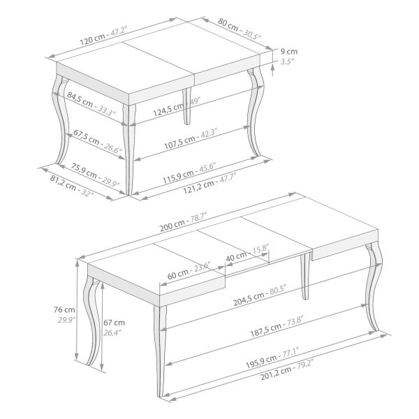 Classico, Extendable dining table, 47,2(78,7)x30,5 in, Matt White technical image 1