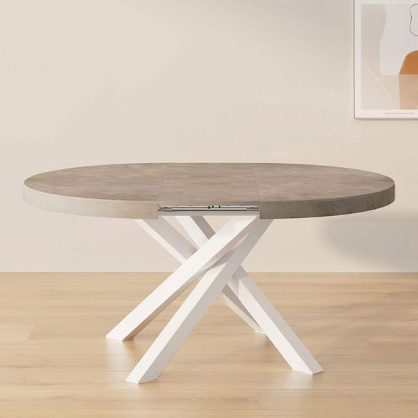 Emma Round Extendable Table, 47,2 - 63 in, Concrete Effect, Grey with White crossed legs set image 1