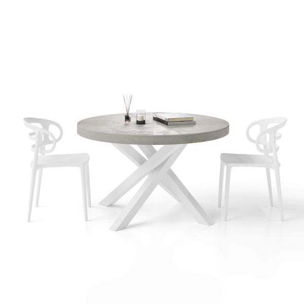 Emma Round Extendable Table, 47,2 - 63 in, Concrete Effect, Grey with White crossed legs detail image 1