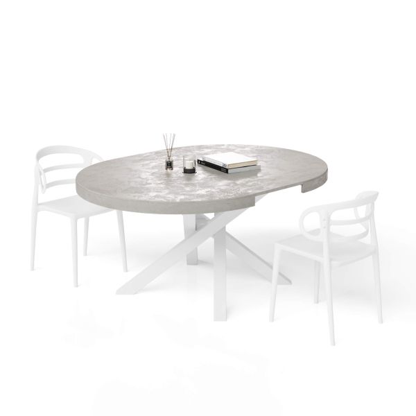 Emma Round Extendable Table, 47,2 - 63 in, Concrete Effect, Grey with White crossed legs detail image 3