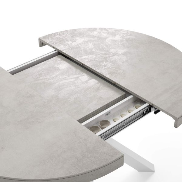 Emma Round Extendable Table, 47,2 - 63 in, Concrete Effect, Grey with White crossed legs detail image 2