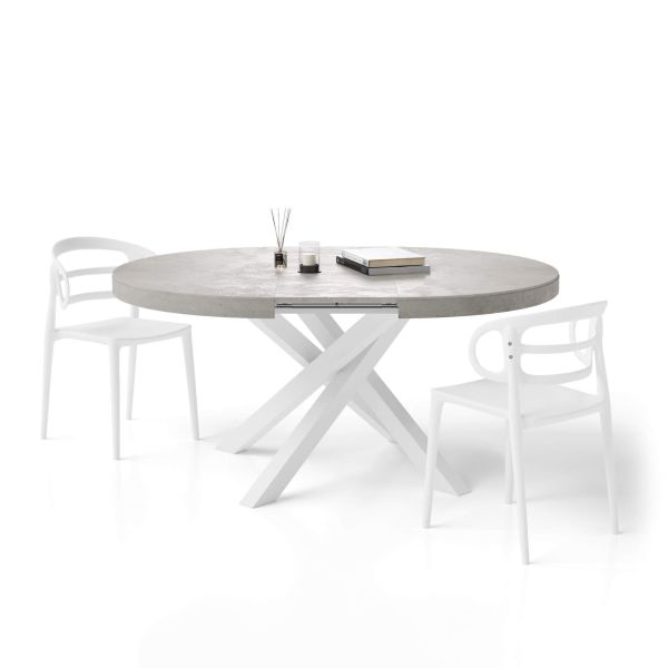 Emma Round Extendable Table, 47,2 - 63 in, Concrete Effect, Grey with White crossed legs main image