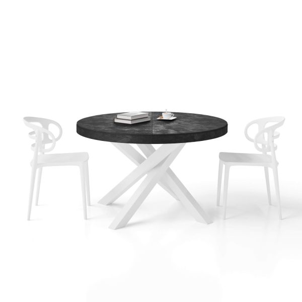 Emma Round Extendable Table, Concrete Effect, Black with White crossed legs detail image 1