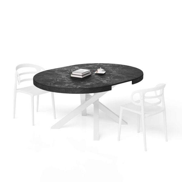 Emma Round Extendable Table, Concrete Effect, Black with White crossed legs detail image 3