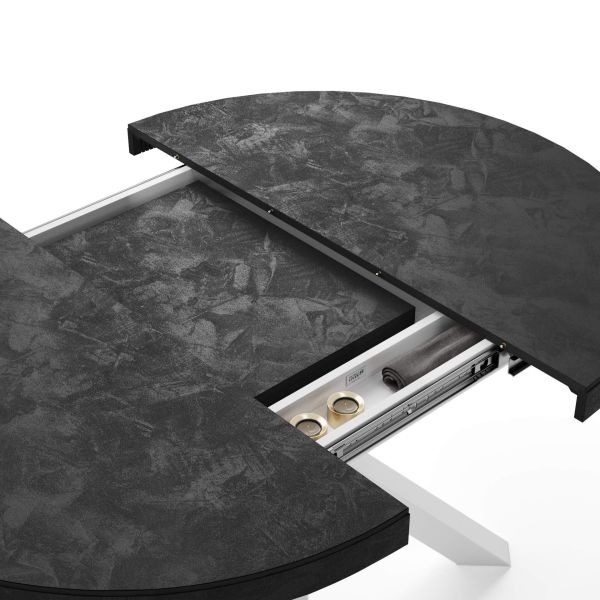 Emma Round Extendable Table, Concrete Effect, Black with White crossed legs detail image 2