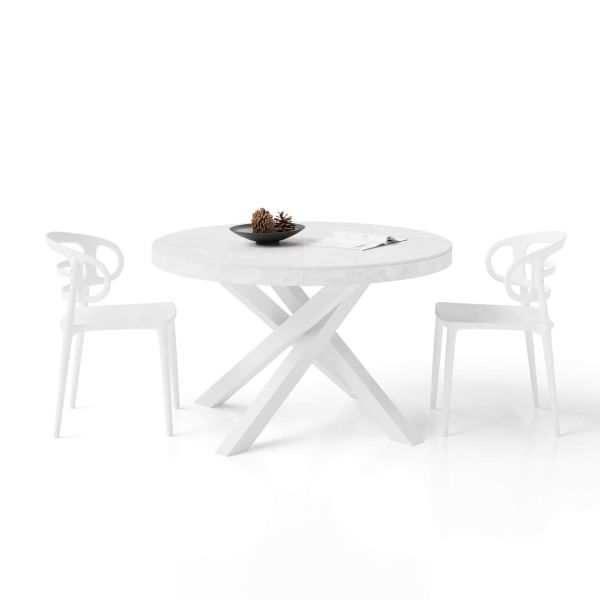 Emma Round Extendable Table, 47,2 - 63 in, Concrete Effect, White with White crossed legs detail image 1