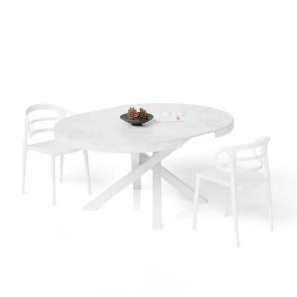 Emma Round Extendable Table, 47,2 - 63 in, Concrete Effect, White with White crossed legs detail image 3