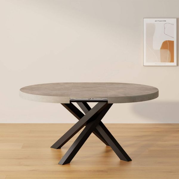 Emma Round Extendable Table, 47,2 - 63 in, Concrete Effect, Grey with Black crossed legs set image 1