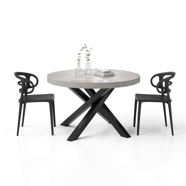 Emma Round Extendable Table, 47,2 - 63 in, Concrete Effect, Grey with Black crossed legs detail image 1