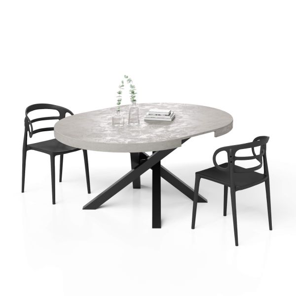 Emma Round Extendable Table, 47,2 - 63 in, Concrete Effect, Grey with Black crossed legs detail image 3