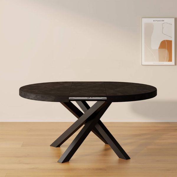 Emma Round Extendable Table, Concrete Effect, Black with Black crossed legs set image 1