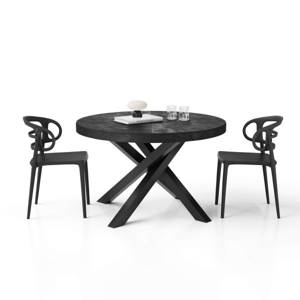 Emma Round Extendable Table, Concrete Effect, Black with Black crossed legs detail image 1