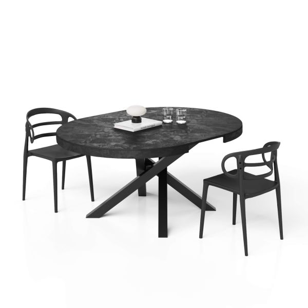 Emma Round Extendable Table, Concrete Effect, Black with Black crossed legs detail image 3