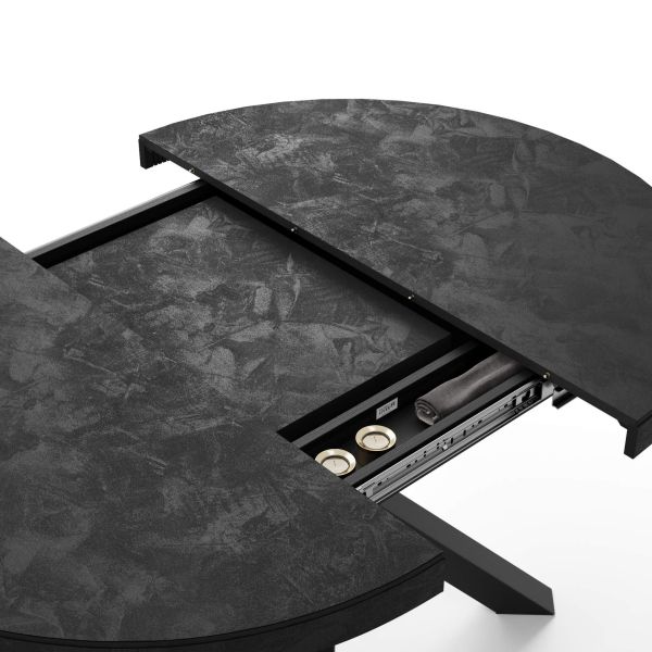 Emma Round Extendable Table, Concrete Effect, Black with Black crossed legs detail image 2