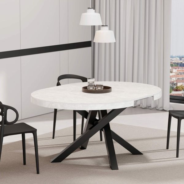 Emma Round Extendable Table, 47,2 - 63 in, Concrete Effect, White with Black crossed legs set image 3