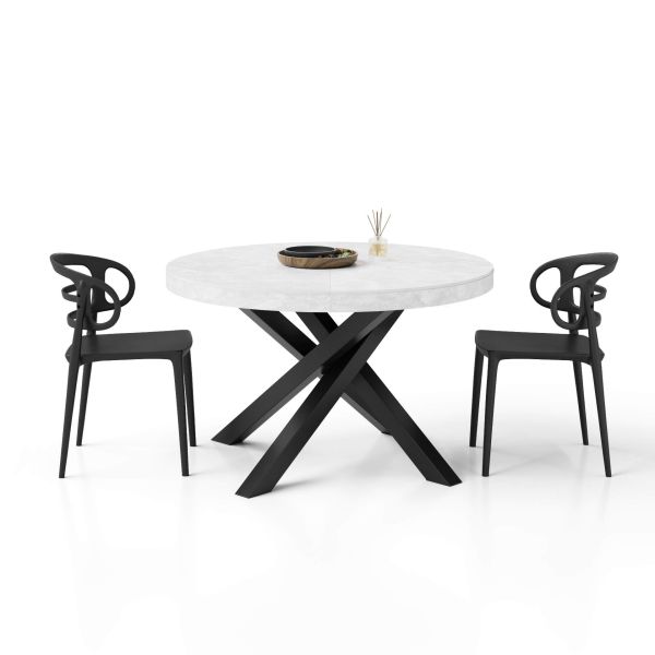 Emma Round Extendable Table, 47,2 - 63 in, Concrete Effect, White with Black crossed legs detail image 1