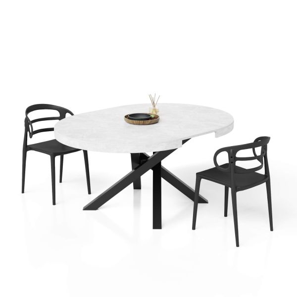 Emma Round Extendable Table, 47,2 - 63 in, Concrete Effect, White with Black crossed legs detail image 3