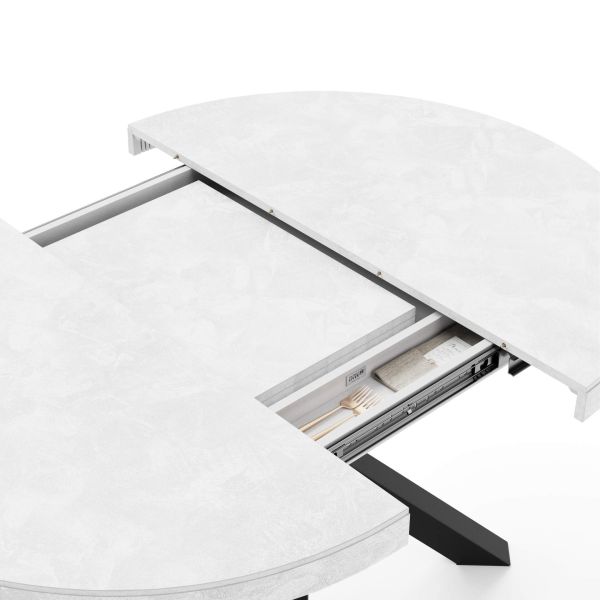 Emma Round Extendable Table, 47,2 - 63 in, Concrete Effect, White with Black crossed legs detail image 2